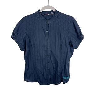 Harley Davidson 100% Cotton Black Blue Embroidered‎ Short Sleeve Button Up Top L